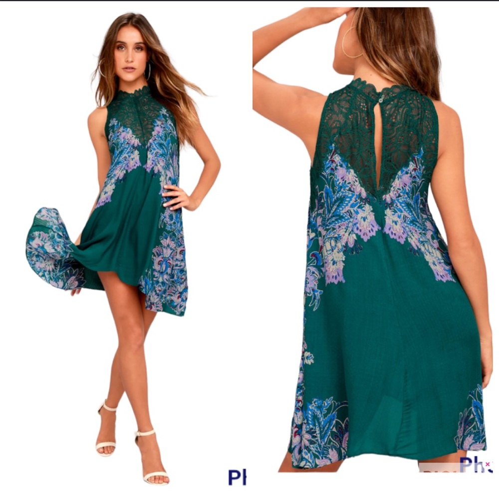 Free People Marsha Teal Green Print Lace Slip Dress